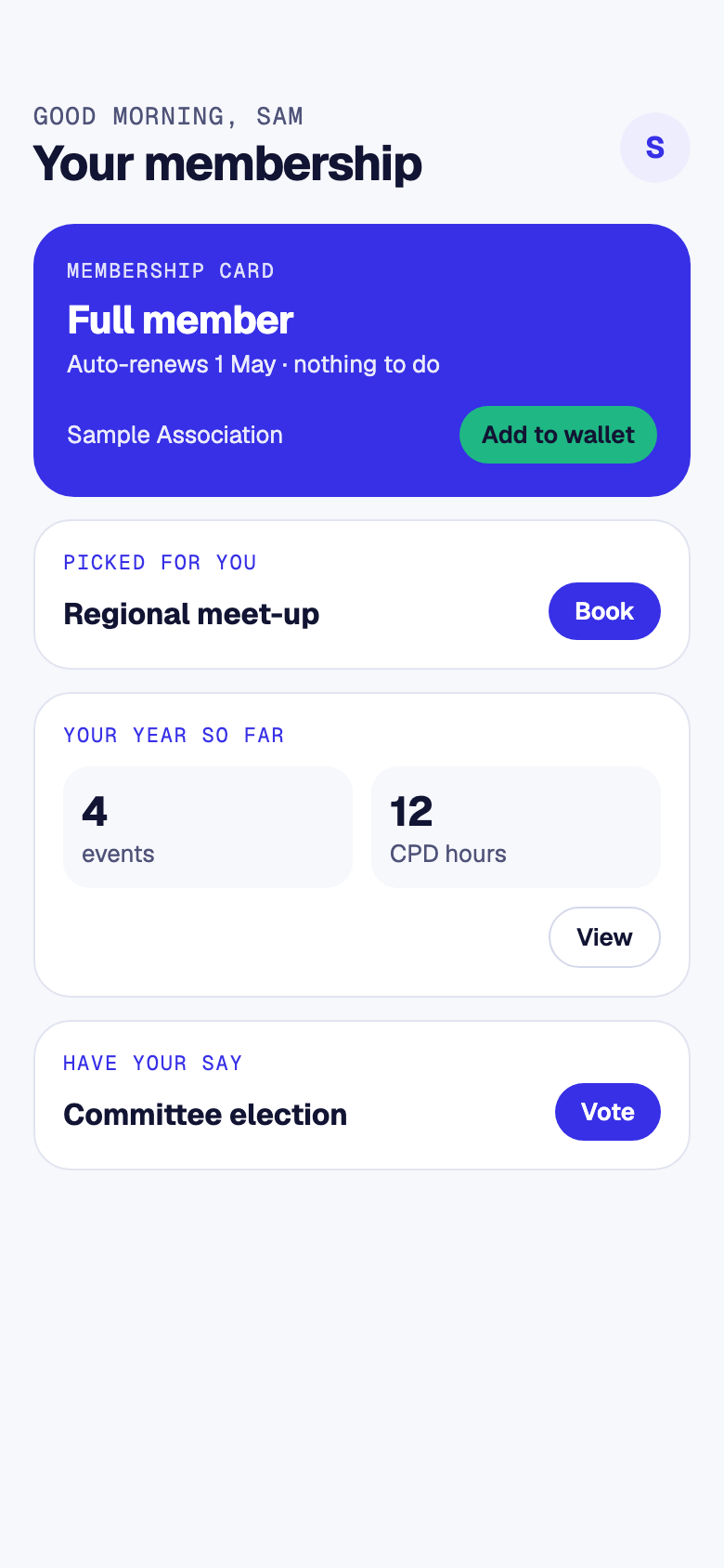 Illustrative member app screen: a membership card that auto-renews, a regional meet-up to book, the year so far in events and CPD hours, and a committee election vote.