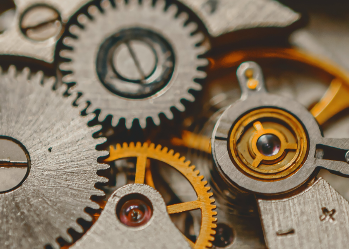 Close-up of metal clockwork gears