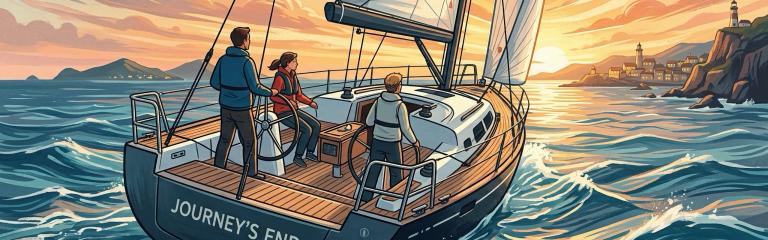 Illustration of a crew sailing a yacht at sunset